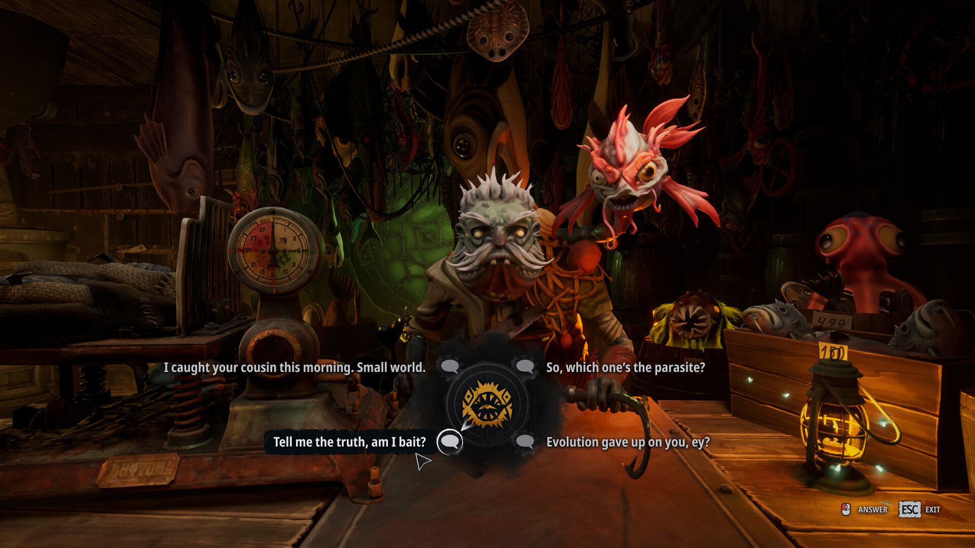 Inside the bait shop: dialogue choices with the fish merchant and his passenger. Official DREADMOOR screenshot · © Dream Dock / Digital Vortex Entertainment