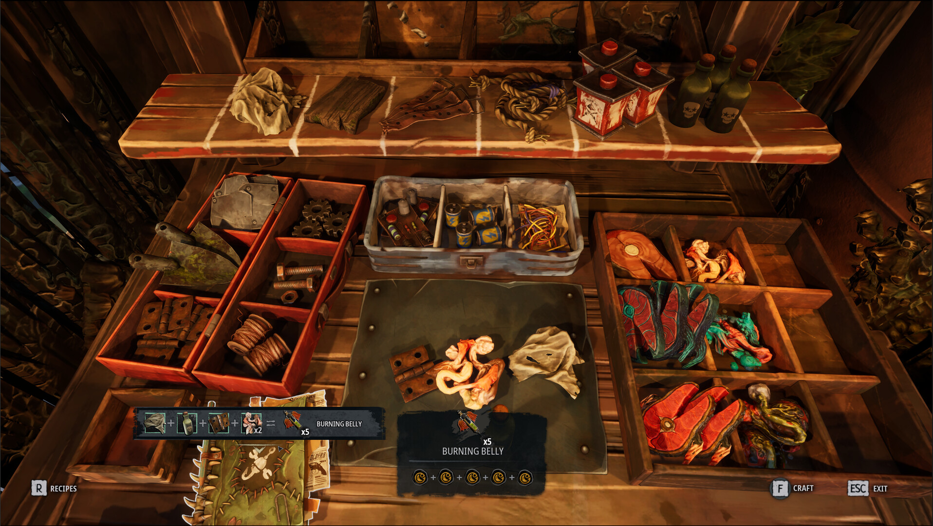Workbench recipe UI: combining cloth, a bottle and hinges into Burning Belly bait x5. Official DREADMOOR screenshot · © Dream Dock / Digital Vortex Entertainment